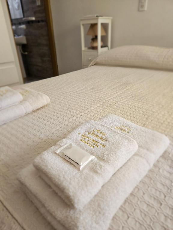 two white towels on a bed with a book on it at Hotel Geminis in Mendoza