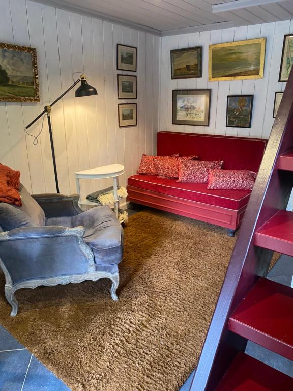 ein Wohnzimmer mit zwei roten Sofas und einem Teppich in der Unterkunft La Maisonnette des Hêtres Rouges in Spa