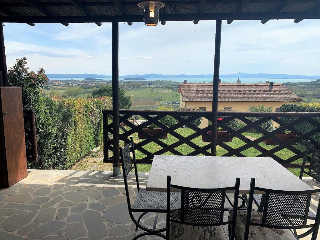 - une table et des chaises sur une terrasse couverte offrant une vue sur un champ dans l'établissement Wohnung in Sanguineto mit Großem Balkon, à Tuoro sul Trasimeno