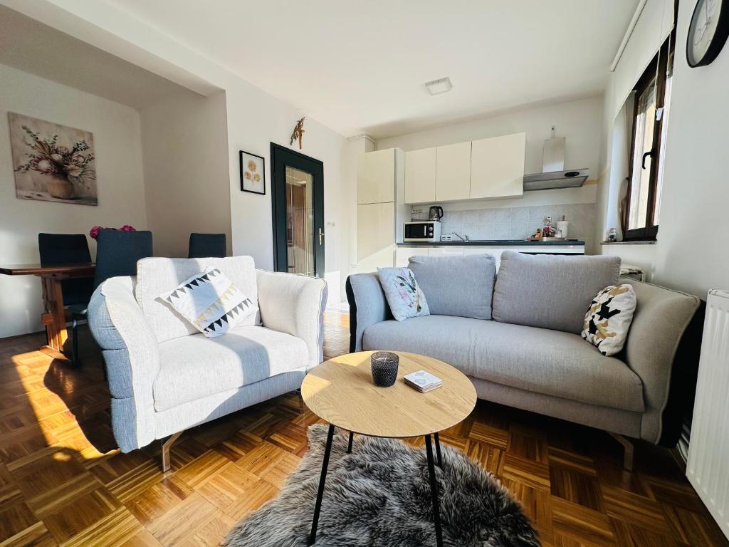 a living room with two couches and a table at Kuća za odmor Šimun in Vukovar