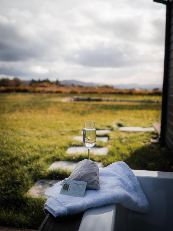 a glass of wine sitting on a table next to a field at Wild Hideaways Luxury Lodges and Eco Spa in Bantry