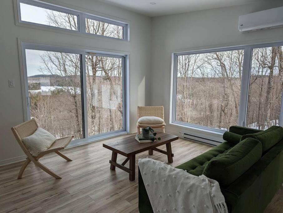 a living room with a green couch and a table at La Vue - Mountain Top Cottage in Notre-Dame-de-la-Salette