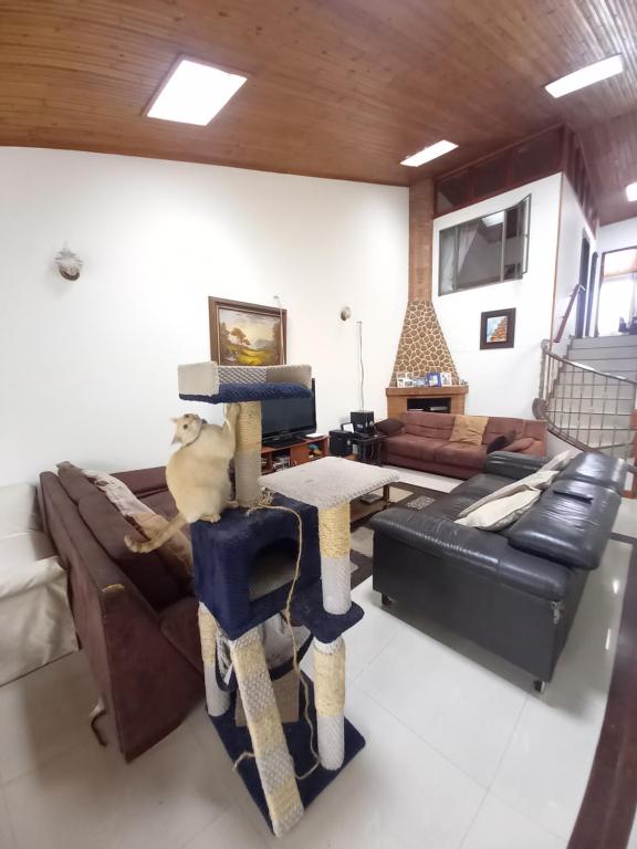 ein Wohnzimmer mit einem Sofa und einem Tisch in der Unterkunft Amplia Casa Familiar in Bogotá