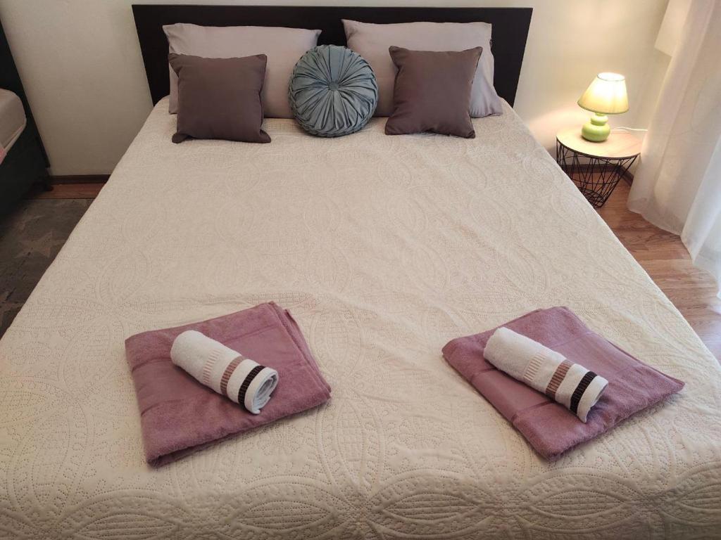 ein großes Bett mit zwei Kissen darauf in der Unterkunft Bright Dreams Apartments in Bar