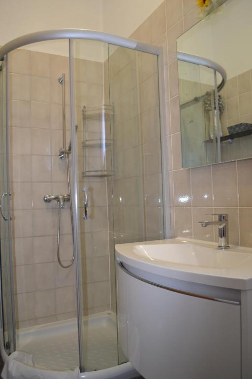 a bathroom with a shower and a sink at Villa Baldi -Apartmani Danny in Tar