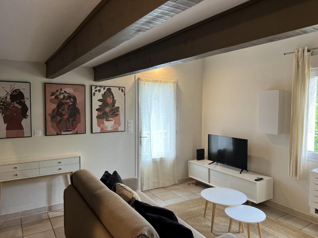 ein Wohnzimmer mit einem Sofa und einem TV in der Unterkunft Appartements St. Pancrace in Corte