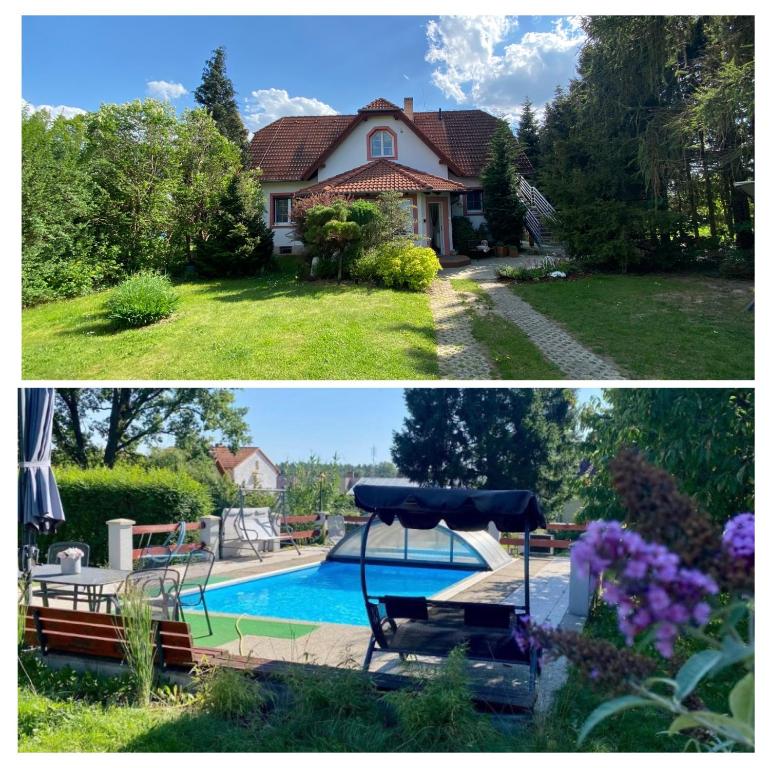 deux photos d'une maison et d'une piscine dans l'établissement Vila EVIO Třeboň, à Třeboň