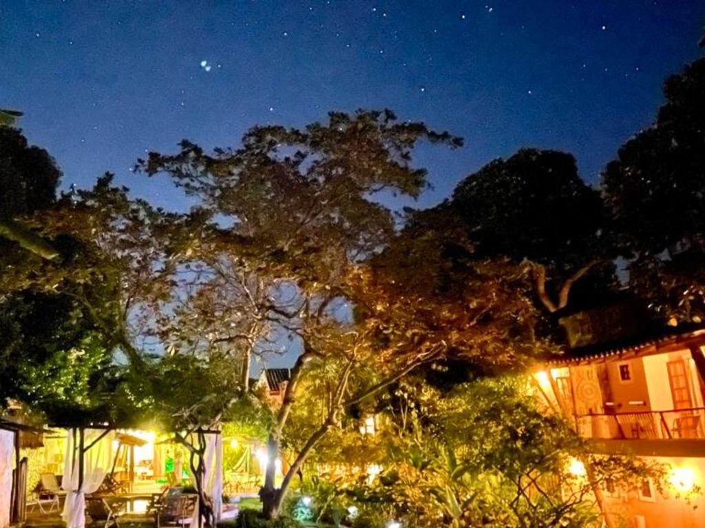 a night view of a city with trees and lights at Recanto Arandu - Boutique Hotel & Retiros in Palmeiras