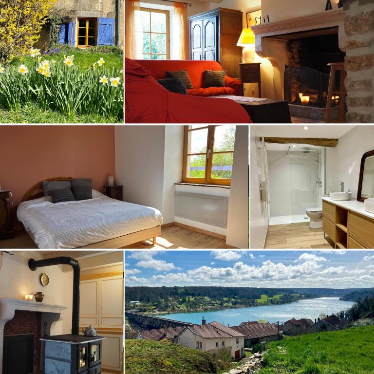 un collage de photos d'une chambre et d'un salon dans l'établissement Authentique Maison Familiale rénovée près du lac 