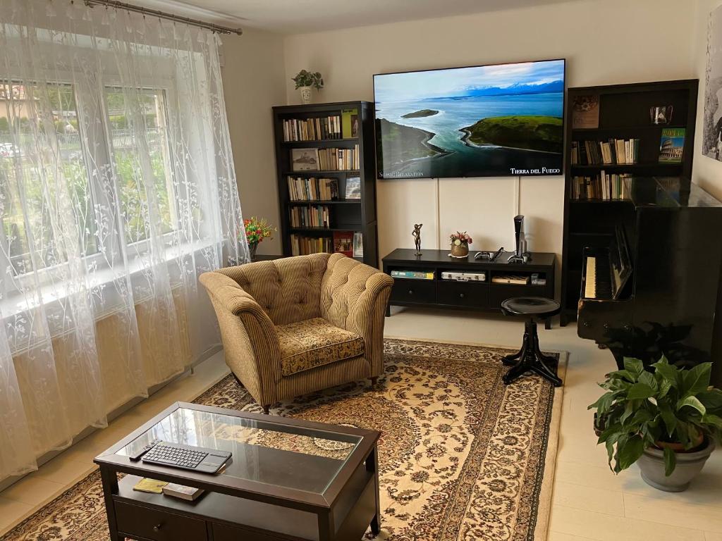 uma sala de estar com uma cadeira e uma televisão de ecrã plano em MemoriaMarci - Free Bikes, Danube Band & Pilis em Pilismarót