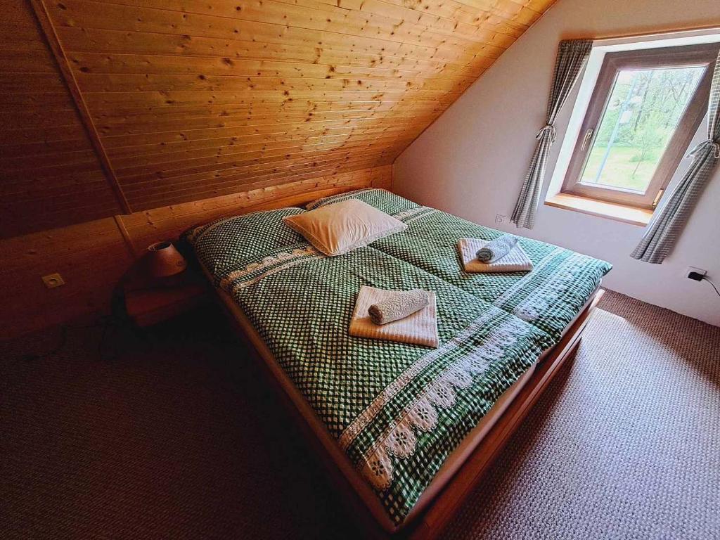 a bedroom with a bed with two pillows and a window at Chalupa Kocourov in Slavíkov