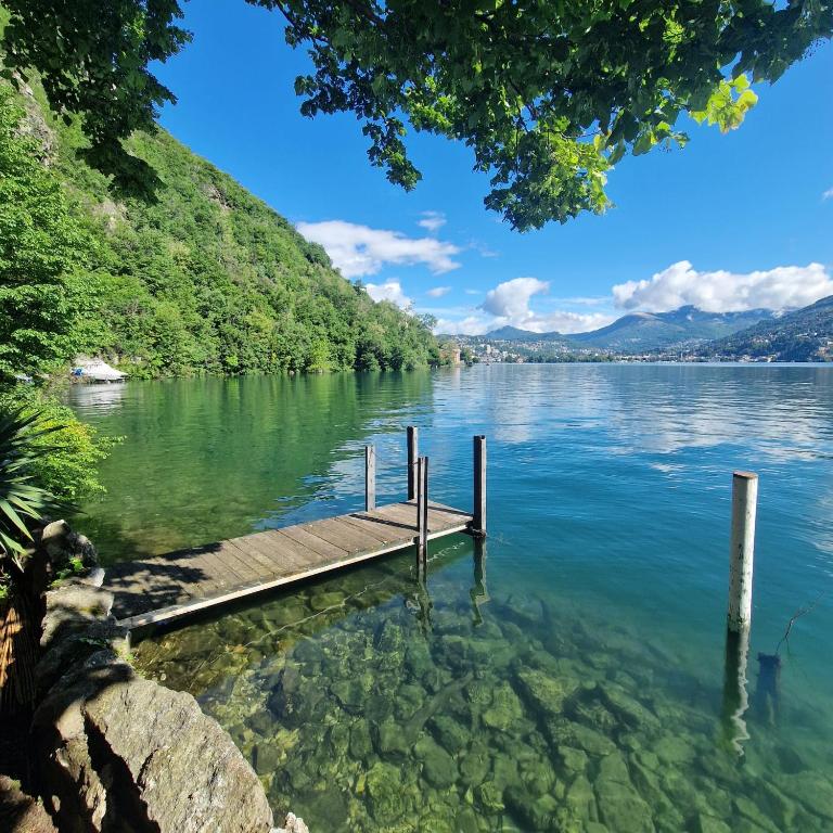 a dock on a lake with trees and water at Dream Apartment Room lake 3 in Paradiso