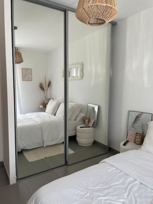 a bedroom with two beds and a glass wall at Appartement T2 avec jardin in Lucciana