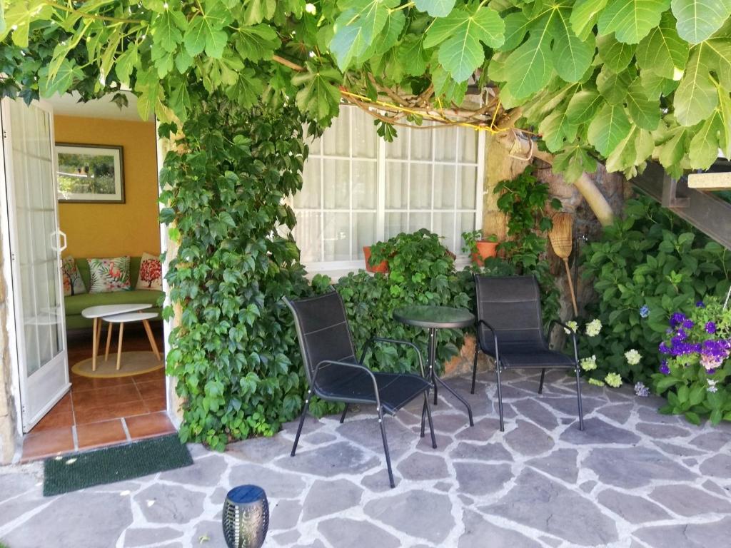 a patio with chairs and a wall of ivy at One bedroom apartement with furnished garden and wifi at Collado Villalba in Collado-Villalba