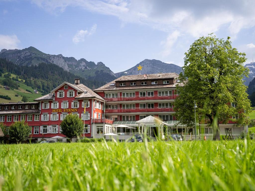 UnterwasserにあるHotel Sternen Unterwasserの緑の芝生を背景に山々を背景にしたホテル