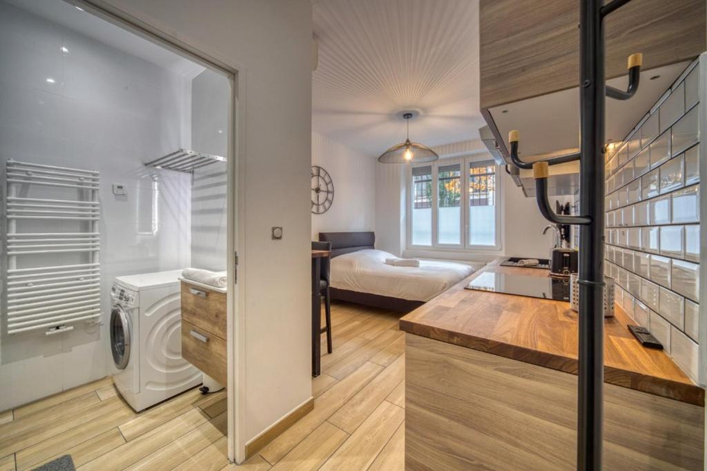 une cuisine et un salon avec laveuse et sécheuse dans l'établissement Le Félix 2, studio entièrement équipé et aménagé pour accueillir confortablement 2 personnes, tout proche de la gare de Grenoble sur l'avenue Félix Viallet, à Grenoble