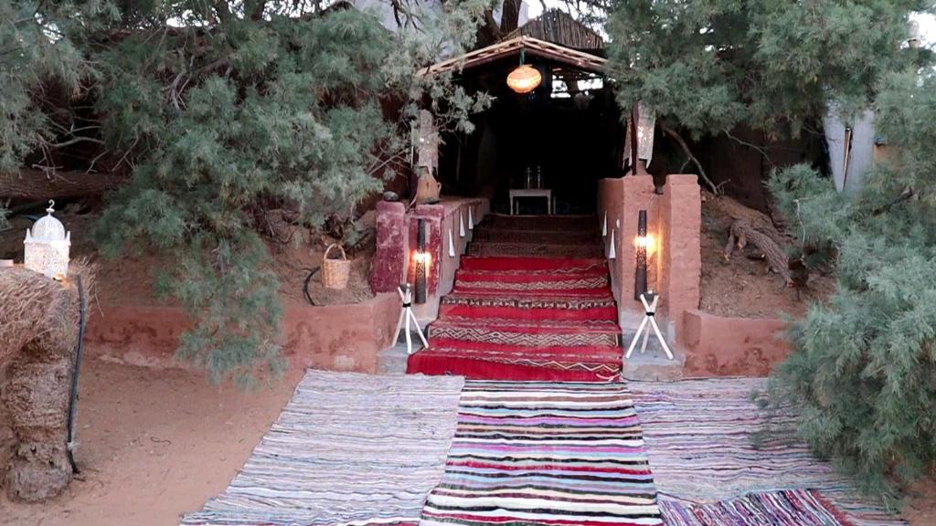 a stairway with a red carpet with lights on it at Tamaris Camp in Adrouine