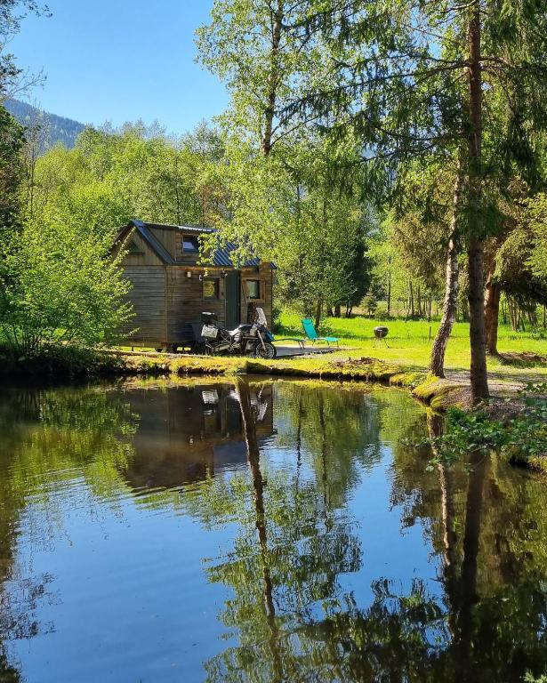 une cabine à côté d'un lac arboré dans l'établissement Insolite Tiny House Sérénité Bien Être, à Ban-sur-Meurthe-Clefcy