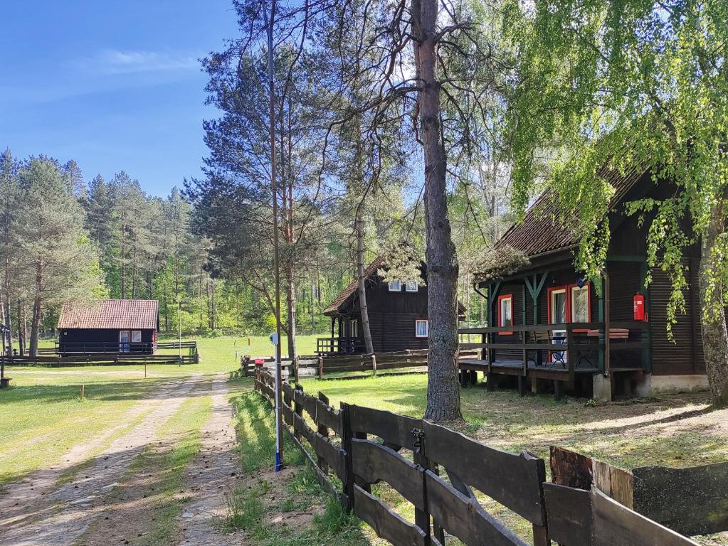 a cabin in the woods with a fence next to it at Domek u Rybaka na Mazurach z basenem in Guzowy Piec