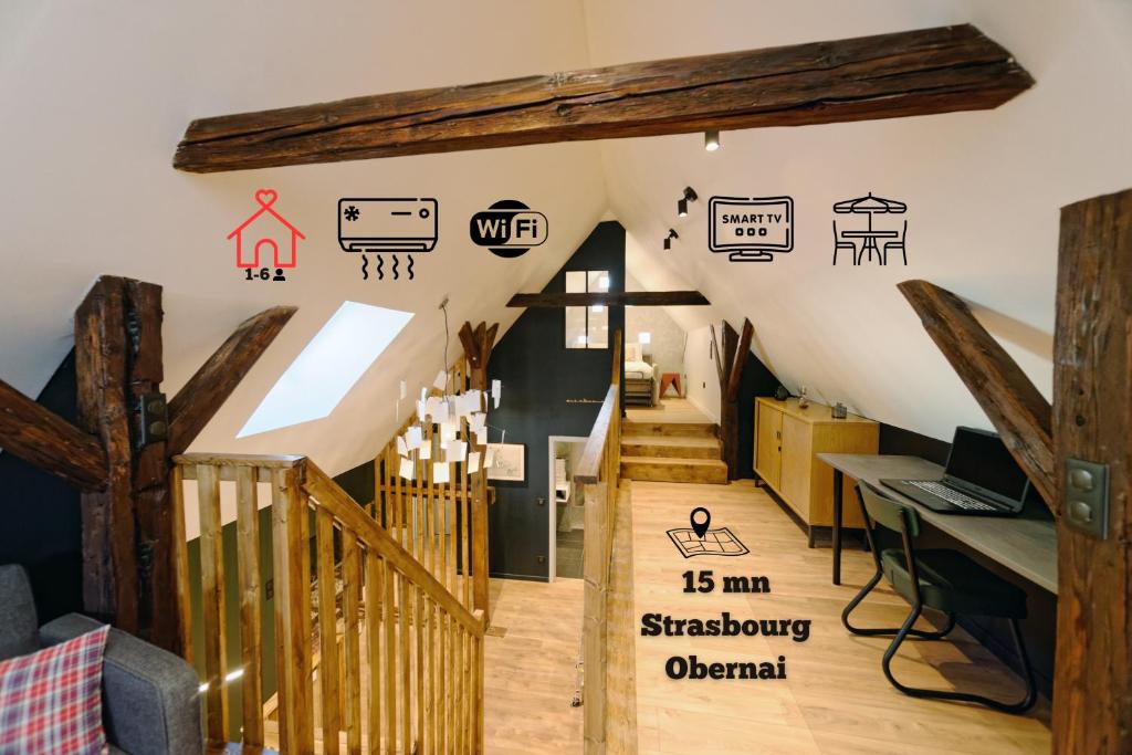 Hangenbieten的住宿－Alsace Gîte 3 étoiles "Coeur de Cigogne" - 15mn Strasbourg Obernai - Clim Wifi Parking gratuit，一间设有楼梯的房间,墙上有标志
