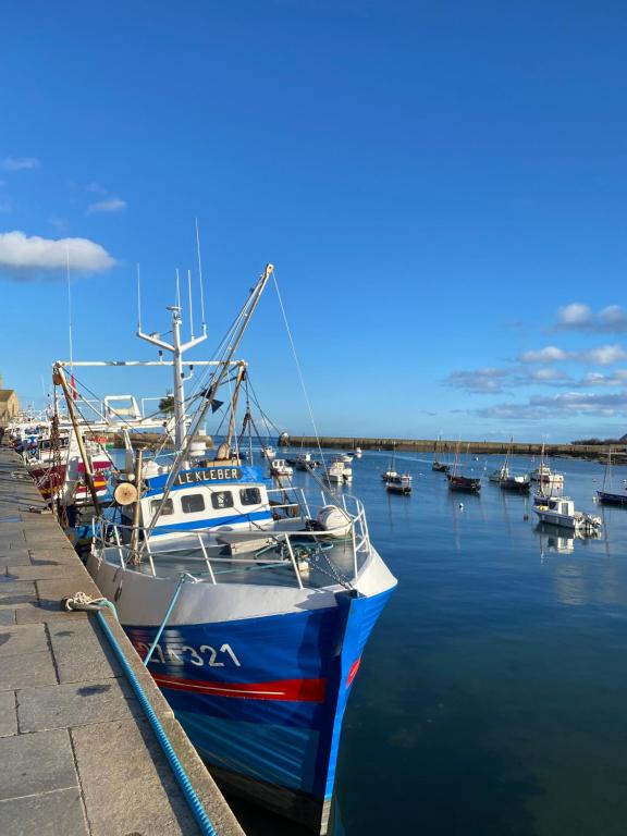 un bateau est amarré à un quai avec d'autres bateaux dans l'établissement Maison à 500m du port de Barfleur, à Gatteville-le-Phare