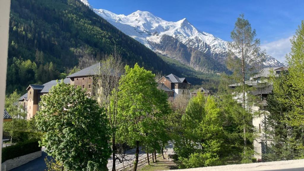 un village dans les montagnes avec une montagne enneigée dans l'établissement Appart Les Cosmiques, Vue Mont Blanc - Aiguille du Midi, à Chamonix-Mont-Blanc