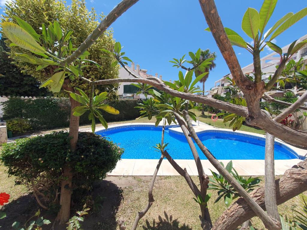 a swimming pool in a yard with trees at Quiet en montemar in Torremolinos