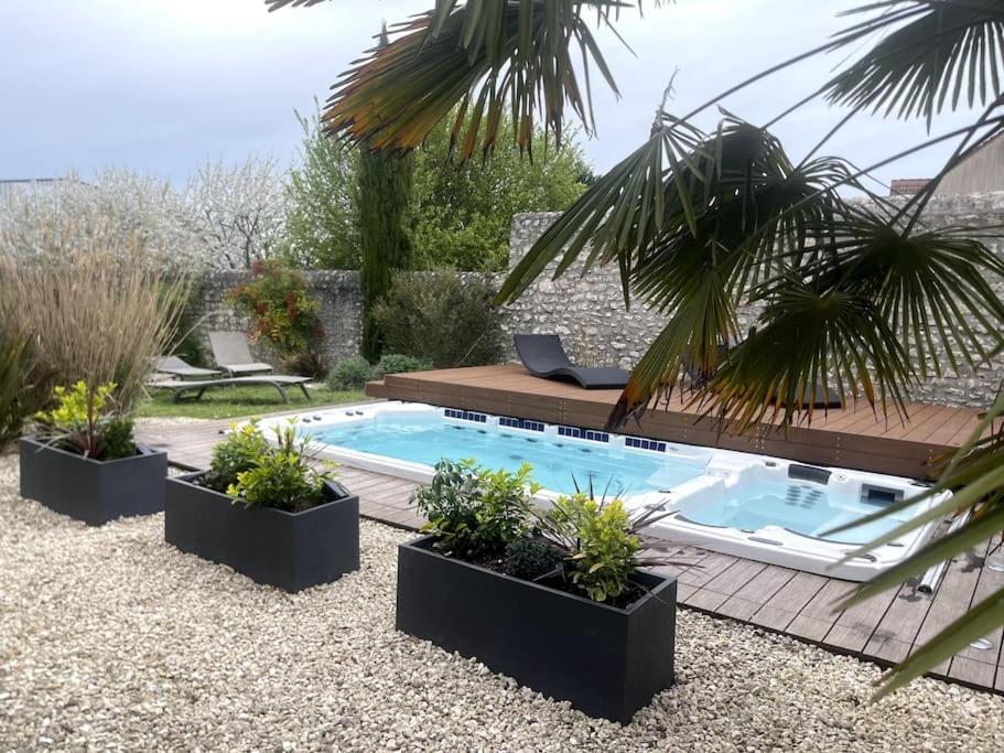 a swimming pool in a garden with three potted plants at La closerie des Courtines in Saint-Gervais-la-Forêt