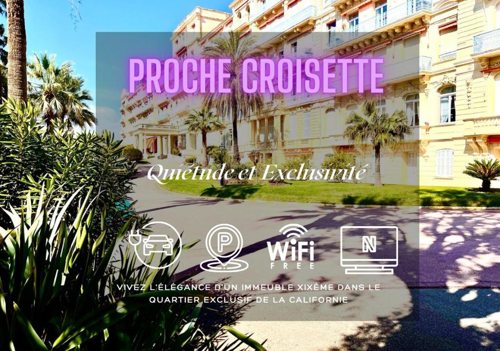 une affiche pour un hôtel avec un bâtiment dans l'établissement StudioCalifornia-Parking-Plages 15 min walk, à Cannes
