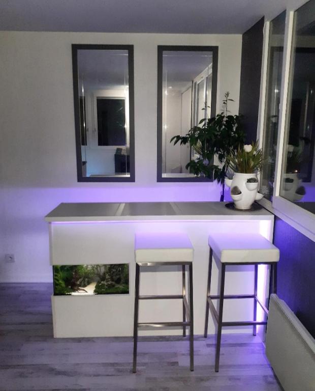 une cuisine avec deux tabourets et un bar avec des lumières violettes dans l'établissement Lyon Fête des Lumières, Séjournez près du Parc de la Tête d'Or, à Villeurbanne