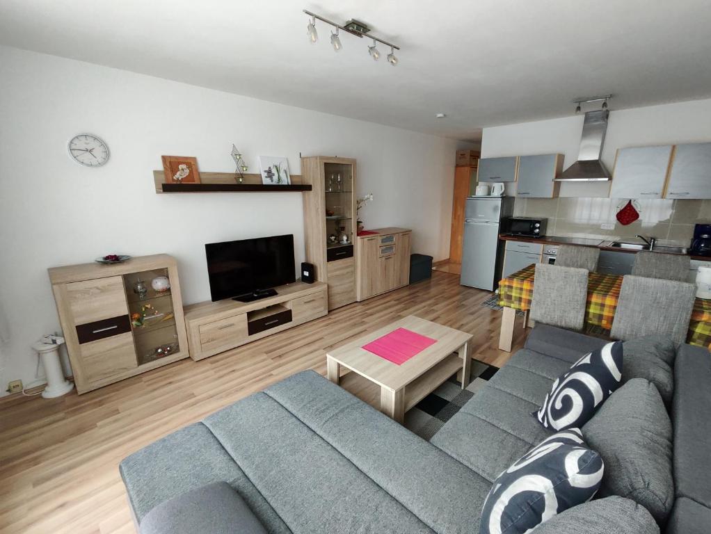 uma sala de estar com um sofá e uma cozinha em HOG Apartment Nürnberg St. Peter em Nurembergue