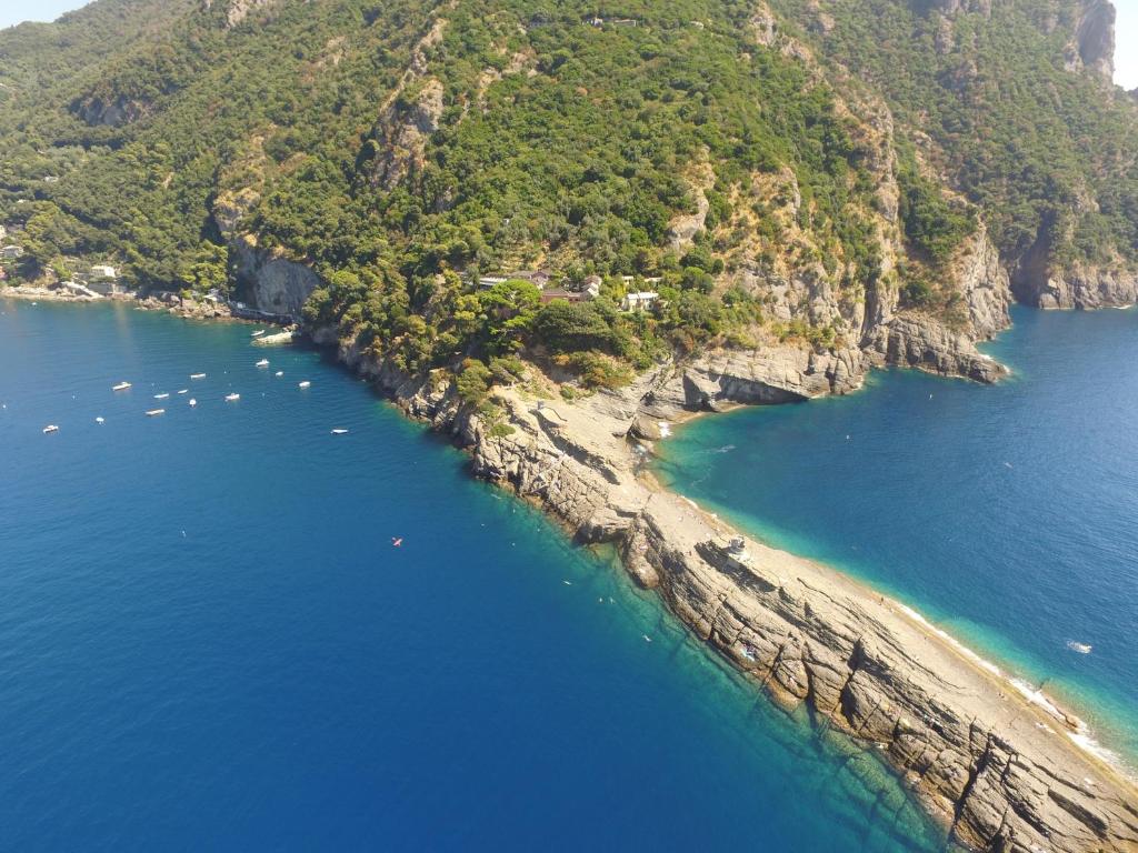 an aerial view of a beach with boats in the water at Stella Maris Resort in Camogli