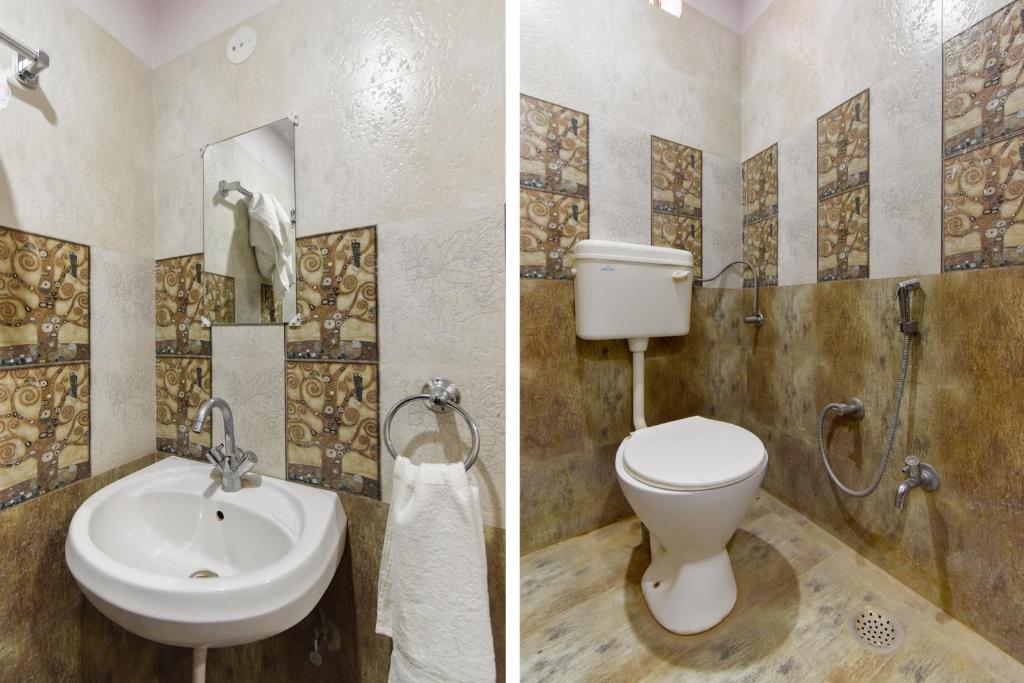 two pictures of a bathroom with a toilet and a sink at Flagship Sitar Guest House in Rudrapur