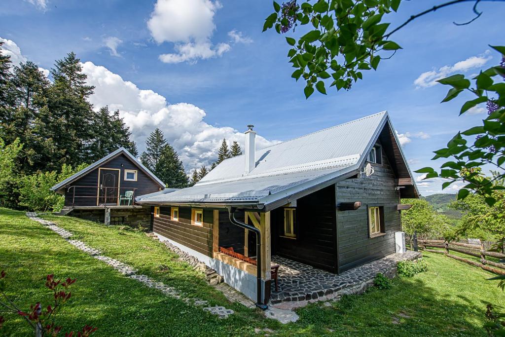 ein kleines schwarzes Haus auf einem grünen Feld in der Unterkunft Drevenica Rybárie in Klokočov