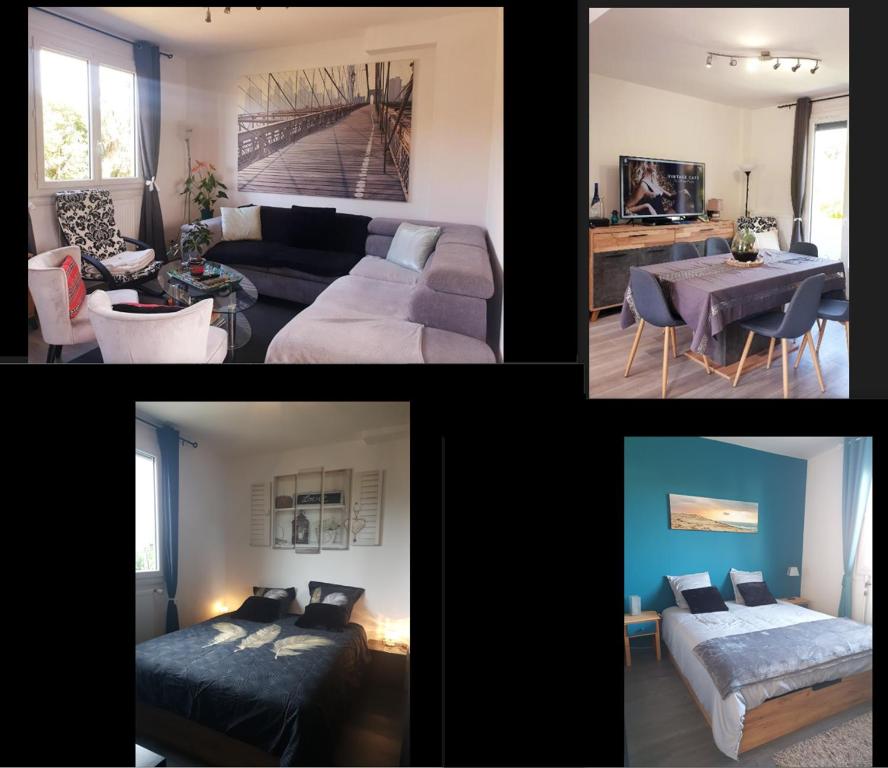 un collage de quatre photos d'un salon dans l'établissement Maison cosy au calme avec jardin, à Agen