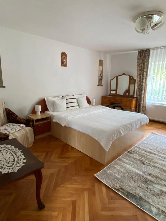 1 dormitorio con 1 cama grande y 1 silla en Mountain Countryside House & Courtyard near Sibiu, en Orlat
