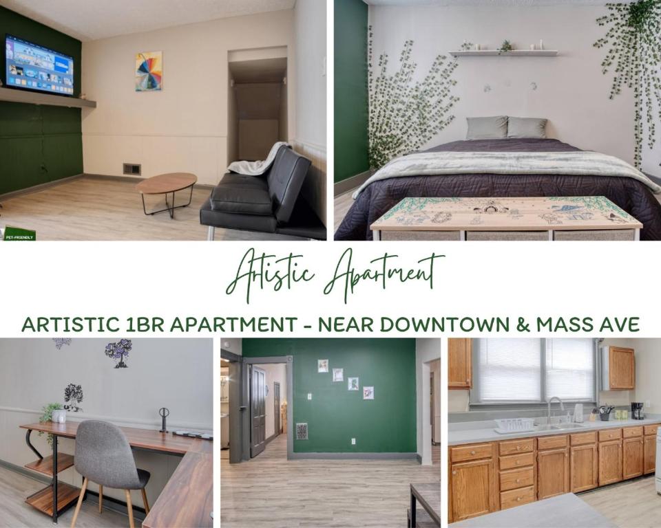 a collage of photos of a bedroom and a bedroom apartment at Artistic 1br - Apt - Near Downtown & Mass Ave in Indianapolis