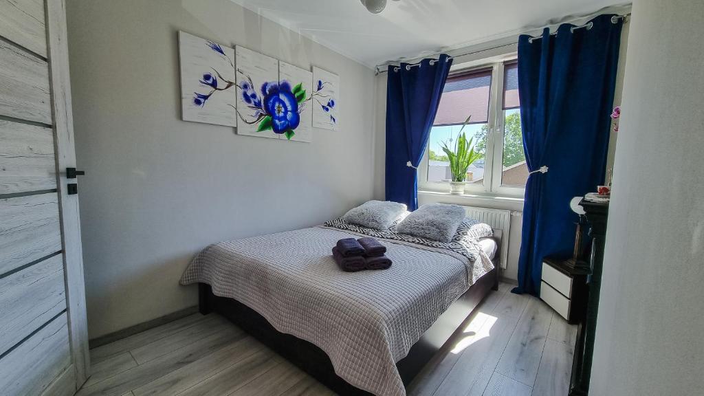 a small bedroom with a bed with blue curtains at Welcome in Ostróda