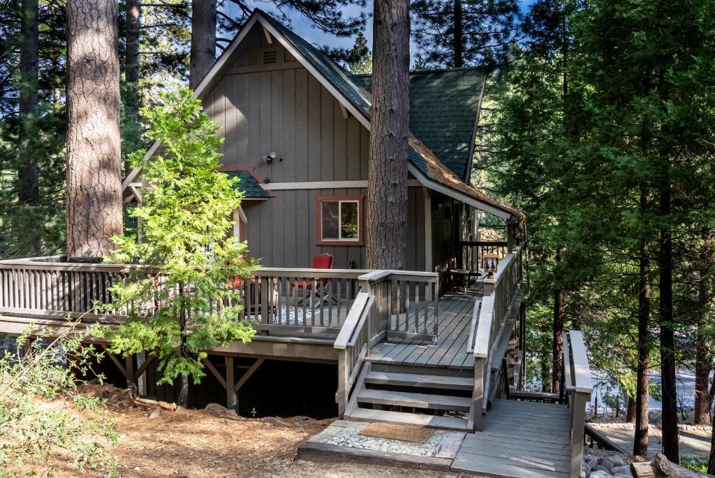 箭头湖The Mighty Pines Retreat + Large Patio + BBQ+View!的带有大露台的树上小屋