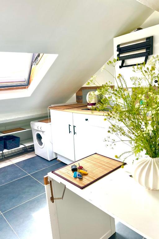 une cuisine avec un comptoir blanc et une fenêtre dans l'établissement Sur les toits de Versailles, à Versailles