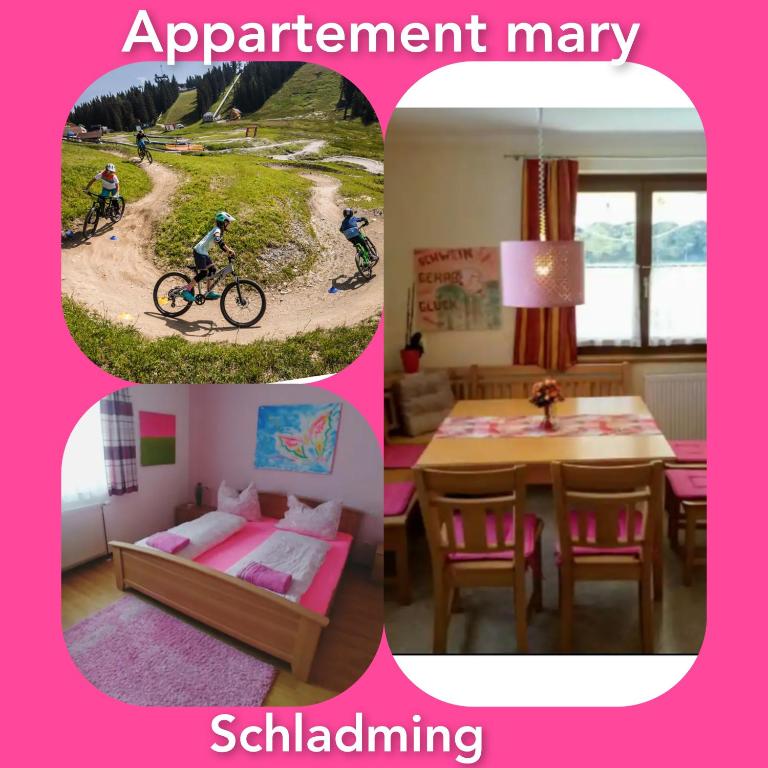 a collage of pictures of a room with a person riding a bike at Appartement Mary in Schladming