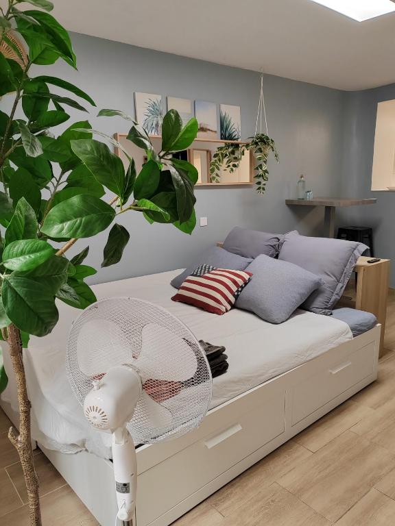 - une chambre avec un lit, un ventilateur et une plante dans l'établissement CASA MIA 25m2 centre ville et panier, à Marseille