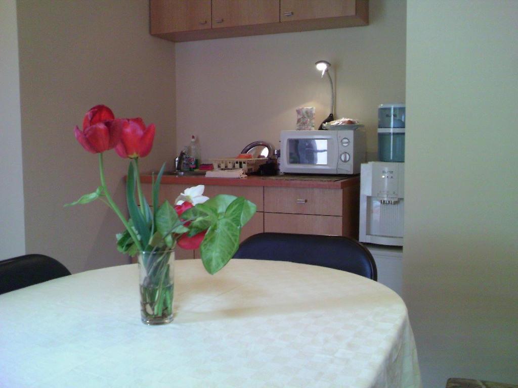 um vaso de rosas vermelhas sentado numa mesa em Avel Guest House em Sófia