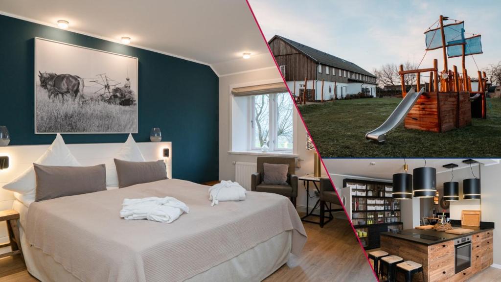 zwei Bilder von einem Schlafzimmer mit Bett und Spielplatz in der Unterkunft Ferienanlage Landliebe Appartement 5 in Alkersum