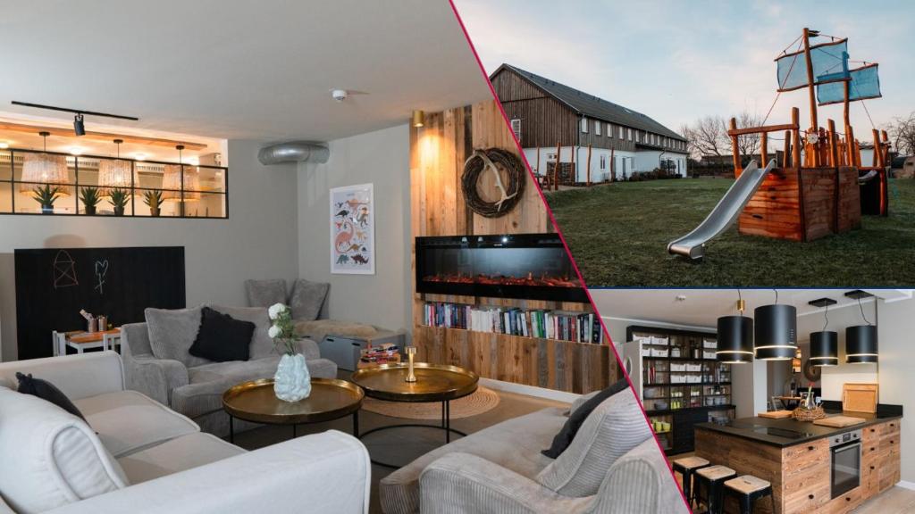 zwei Bilder eines Wohnzimmers mit Rutsche in der Unterkunft Ferienanlage Landliebe Ferienhausteil 15 in Alkersum