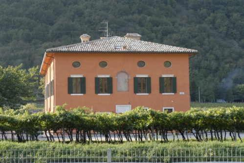 un grand bâtiment orange dans un champ arboré dans l'établissement Agriturismo Al Palazzo, à Rivalta di Brentino