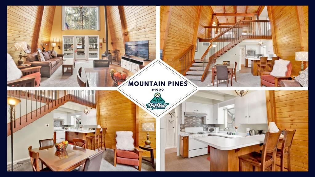 três fotografias de uma sala de estar e de uma sala de jantar em 2349-Mountain Pines Cottage cabin em Big Bear City