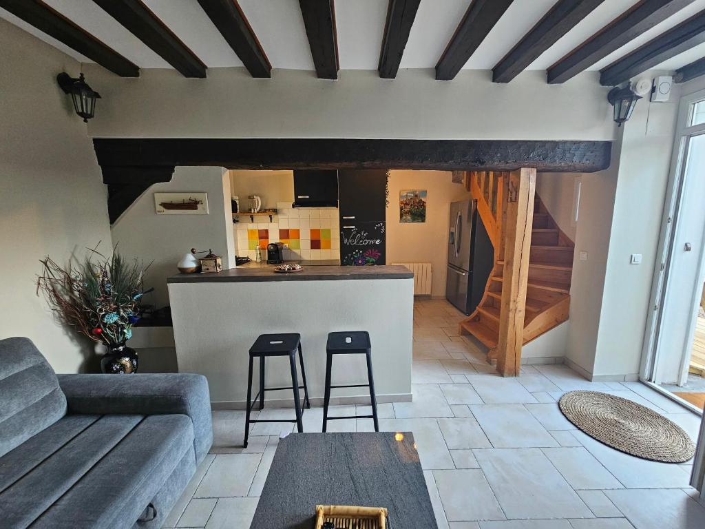 a living room with a couch and a kitchen at Le Vinci /Maison près du château in Amboise