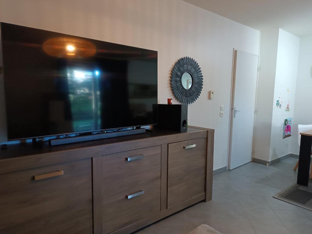 Televízia a/alebo spoločenská miestnosť v ubytovaní Appartement entier Cozy Rdj Parking gratuit, proche tramway, stade OL, ARENA, Eurexpo, Aéroport StExupéry, Gare TGV Lyon Partdieu
