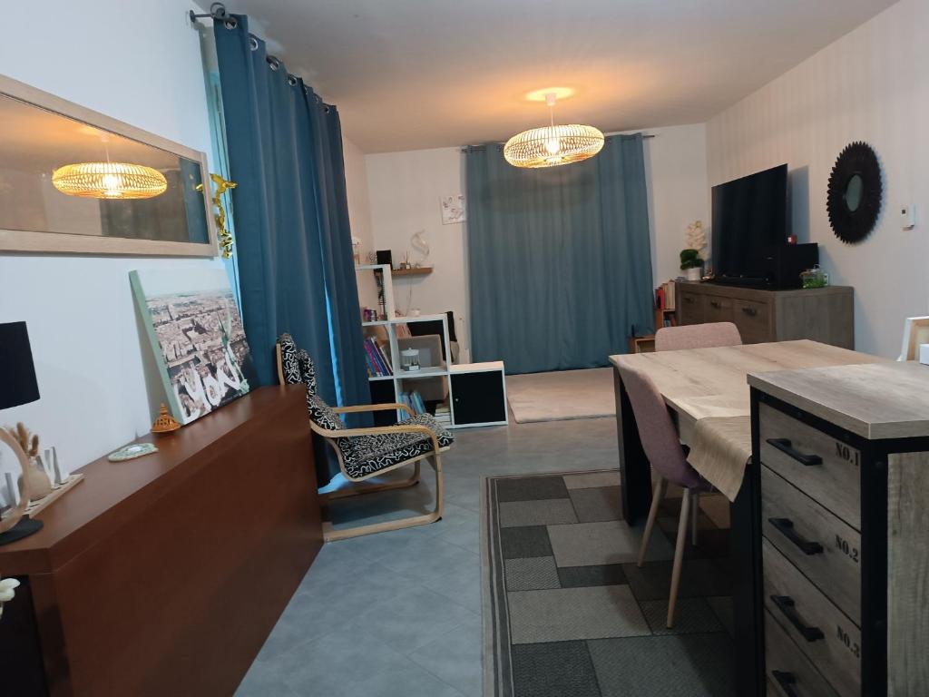 Televízia a/alebo spoločenská miestnosť v ubytovaní Appartement entier Cozy Rdj Parking gratuit, proche tramway, stade OL, ARENA, Eurexpo, Aéroport StExupéry, Gare TGV Lyon Partdieu